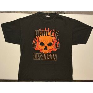 VTG Y2K Harley Davidson 2003 Skull Flames T Shirt Mens XL Black Cowboy Grunge